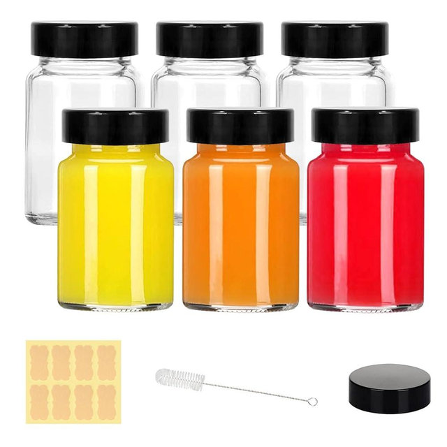 LANBEAUTIFY 2 oz Small Clear Glass Bottles with Lids - 6Pcs Wide Mouth Shot Bottles with Caps for Ginger Shots, Juice, Potion, Liquids, Whiskey - Mini Travel Bottles with Funnels, Stickers