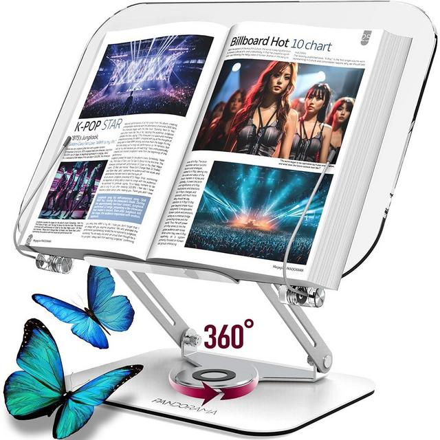 Acrylic Book Stand with 360° Rotating Body, Foldable Book Holder, Recipe and Laptop, Support up to 8.8 lb, Clear Stylish Ergonomic Design