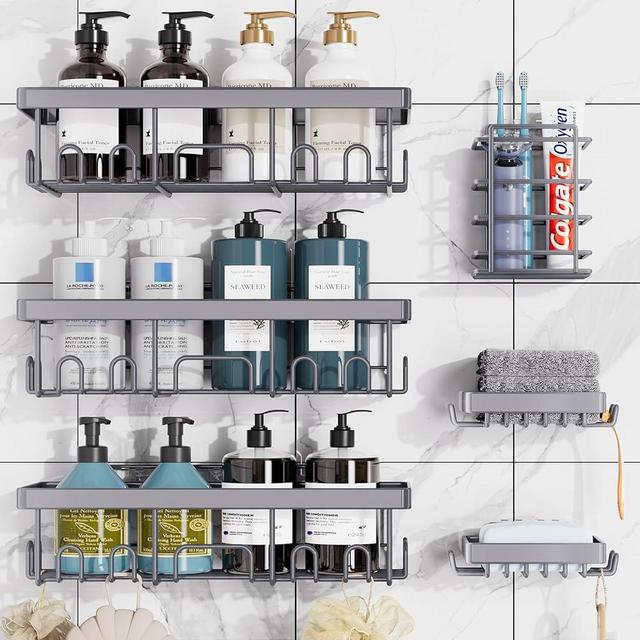 Veken Adhesive Shower Caddy 6-Pack,Heavy Weight Bearing,Large Wall Mounted Shower Shelves Rack,Organizer Storage Accessories with Soap Dish&Toothbrush Holder,Ideal for Bathroom,Home&Kitchen,Grey