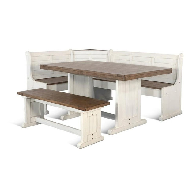 Pemberly Row Dining Set Wood, Rectangular in Off White (36" H x 75" W x 56" D) for Kitchen, Dining Room with Table, Reversable Benches, and Storage Space