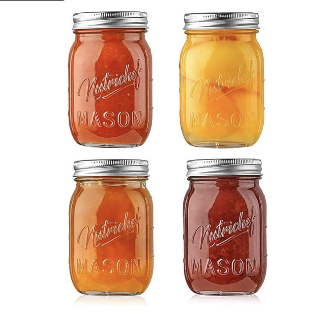 NutriChef 4-Pack 16 oz Mason Jars with Lids - Thick Glass Canning Jars with Stainless Steel Lids - Ideal for DIY Spices, Meal Prep, Overnight Oats, Jelly, Jam, Honey, Candles, Crafts, & More