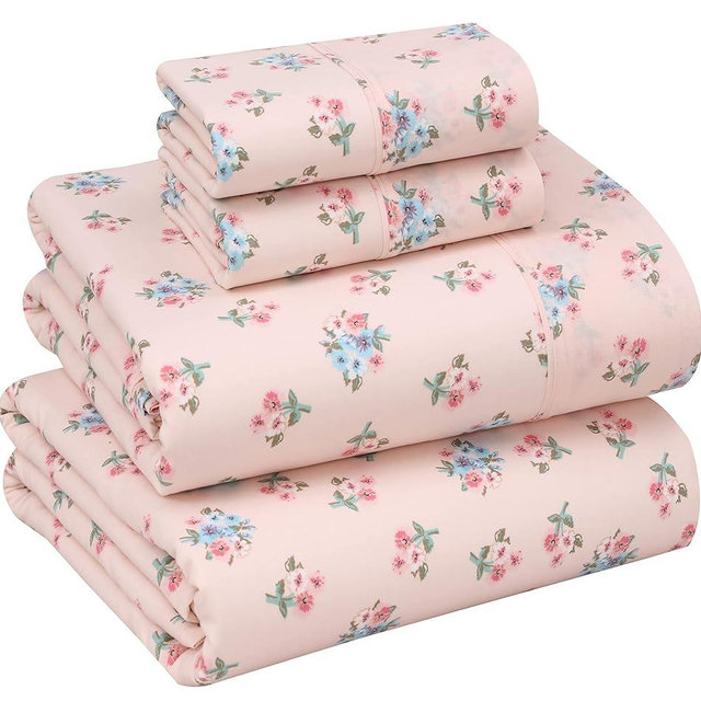 RUVANTI 100% Cotton Sheets – Queen Size Percale Bedding, Cooling & Breathable Floral Design, Durable with a Crisp, Soft & Comfortable Feel, 16" Deep Pocket, 4-Piece Set, Spring On