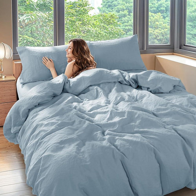 Shilucheng 100% Linen King Duvet Cover Set, Luxury Pure Natural French Flax Linen Duvet Cover with Zipper Closure & Corner Ties, Cooling Breathable Comforter Cover 3 Piece (Dusty Blue)