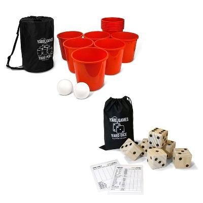 YardGames Giant Outdoor Yard Pong Activity Party Set with 12 Buckets & 2 Balls Bundle with Giant Outdoor Indoor Wooden Dice Set with Scorecards & Case