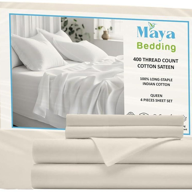 Maya Bedding Queen 100% Cotton Bedsheet Set (4Pcs) - Pearl Ivory - 400 Thread Count Sateen Weave, Snug Bottom Deep Pocket Fitted Sheet, Fade Resistant & Envelope Closure Pillowcases