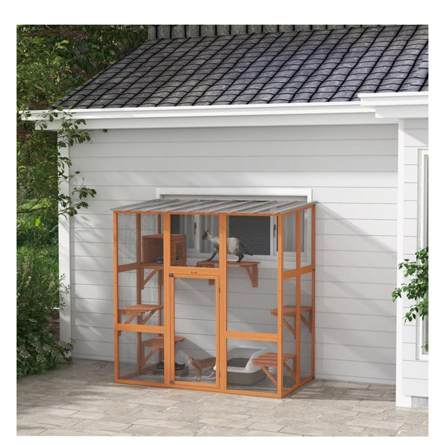 PawHut Catio Outdoor Cat House Window Box, Orange, 68 x 35.5 x 70.5-in
