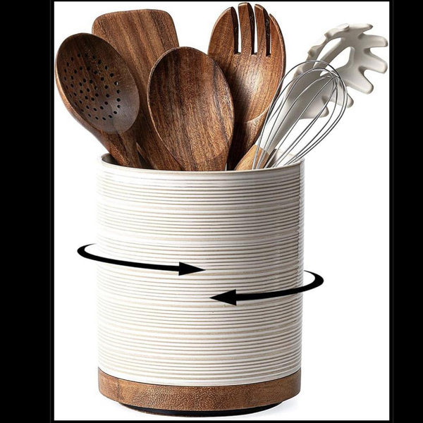 Utensil Holder, 360° Rotating Extra Large Ceramic Kitchen Utensil Holder for Countertop, 7.3“ Cooking Utensil Crocks for Kitchen Counter with Rotatable Wooden Base, Farmhouse Decor, Arctic White