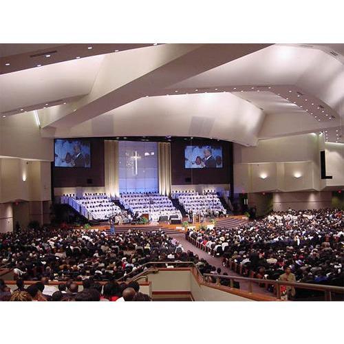 The inside of First Baptist Church of Glenarden . Really big Church.