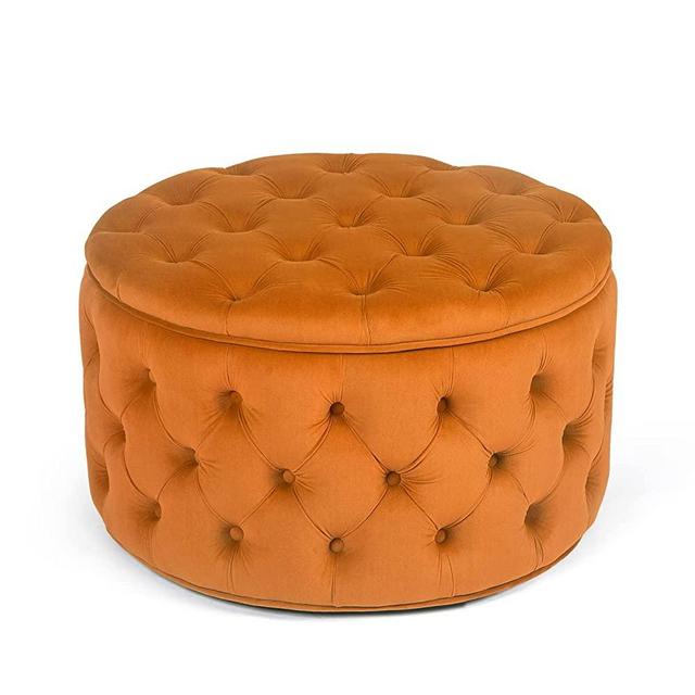 Homebeez Round Velvet Storage Ottoman, Button Tufted Footrest Stool Coffee Table for Living Room ,24.8" L x 24.8" W x 15.4" H,Orange