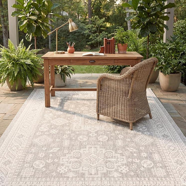 Rugs.com Outdoor Aztec Collection Rug – 4' x 6' Light Gray Flatweave Rug Perfect for Living Rooms, Large Dining Rooms, Open Floorplans