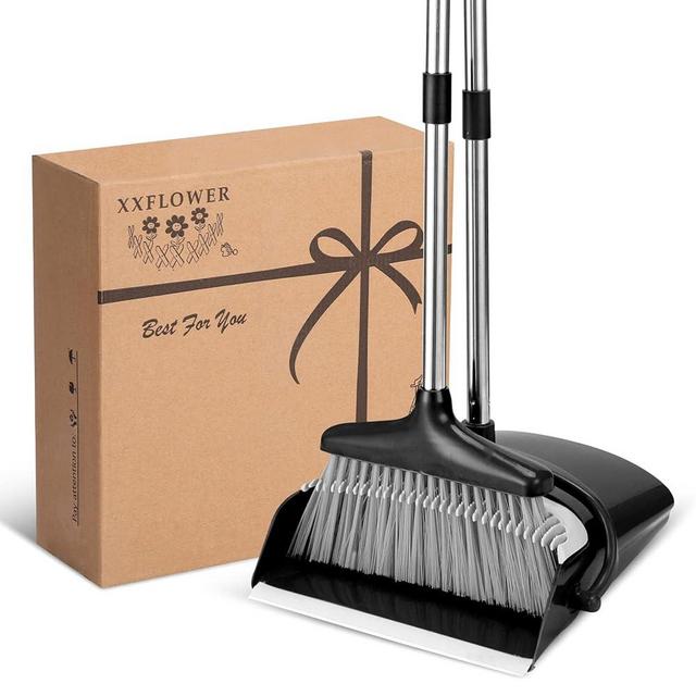 XXFLOWER Broom and Dustpan Set for Home, Broom and Dustpan Set with Long Handle 55", Broom with Dustpan Combo Set, Standing Broom and Dust Pan Set for Kitchen Office Lobby Floor, Black Gray