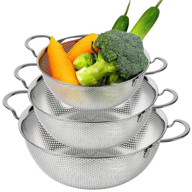 COMPORT K Premium 18/8 304 Stainless Steel Strainer Set of 3 with Handles, Micro-Perforated Colanders, 4-6-8 Quart Set, Self-Draining Solid Base for Pasta, Fruits, Vegetables, Made in Korea