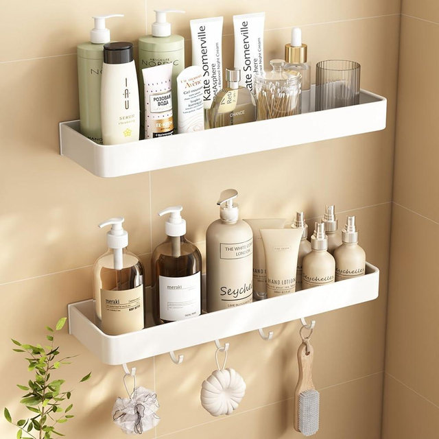 AUSAULAC Shower Caddy, Max Size 15.7 Inches,Won't Fall Off Shower Organizer, Rustproof Shelves with Ultra Large Capacity, No Drill Shelf with 5 Movable Hooks (White, 2 Layer)