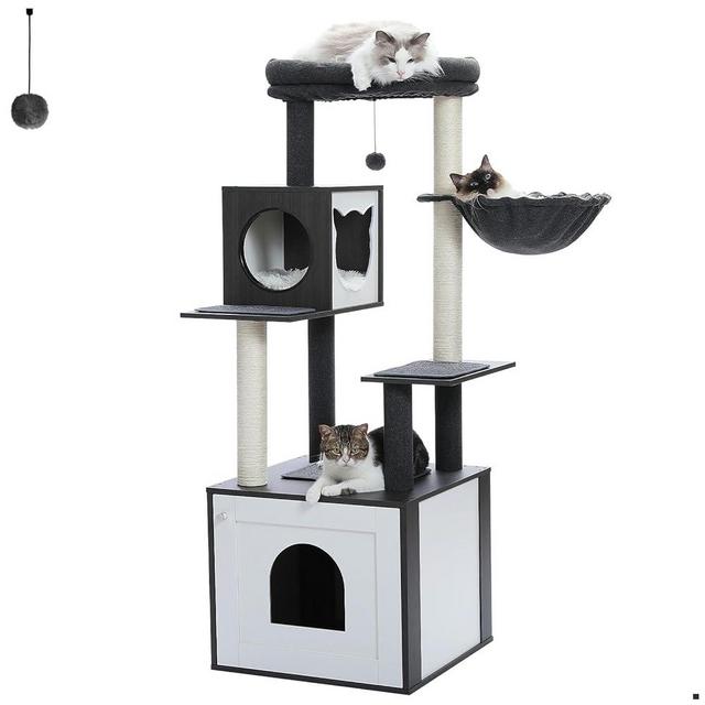 MIOMUM Tall Cat Tree with Litter Box Enclosure 56.7" Wooden Cat Tower for Large Cats with Cat Hammock House Bed (Wood Black)