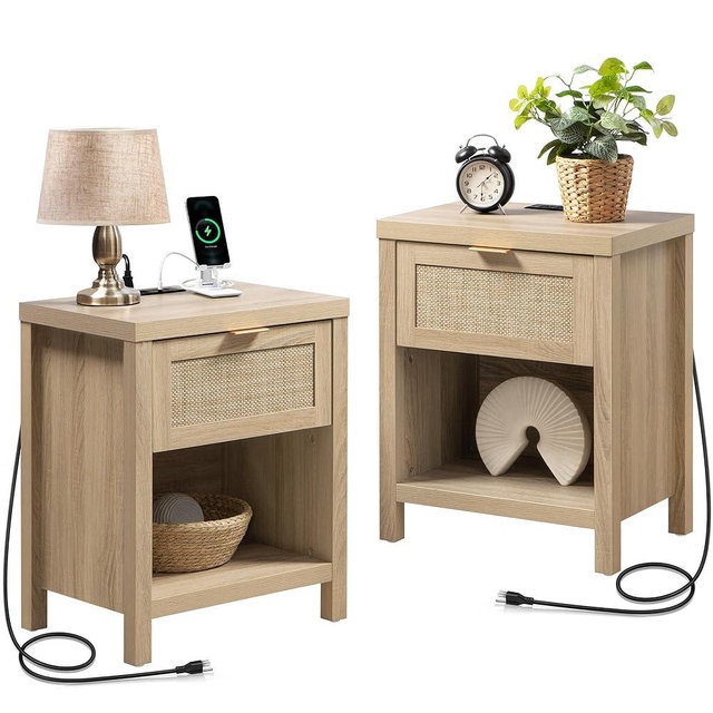 SICOTAS Rattan Nightstand Set of 2, Night Stands with Charging Station Bedside Table with Drawer, Boho End Table with USB and Type-C Ports Farmhouse Side Table for Bedroom Small Space