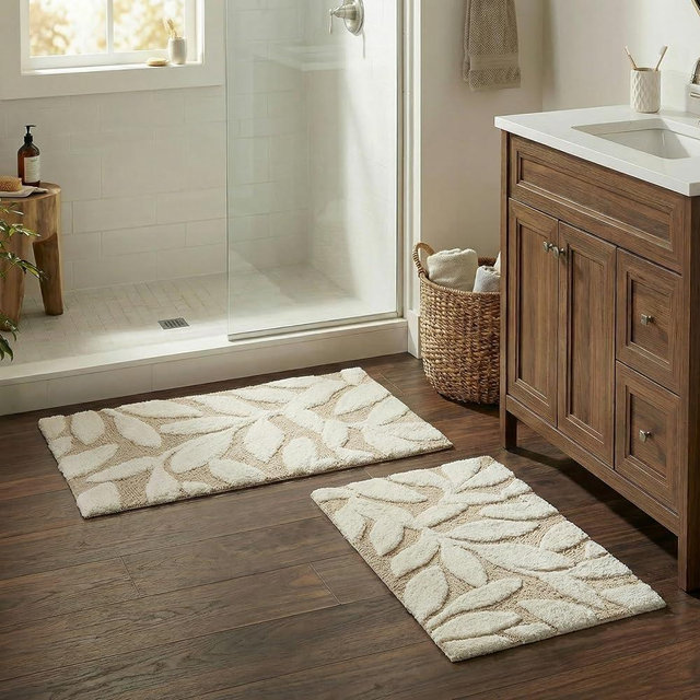 2 Piece Bathroom Rug Set - 35x22 Inch and 25x18 Inch 100% Cotton Bath Mats with Textured Botanical Leaf Print for Boho Bathroom Decor - Bath Rugs Non Slip Washable Bathmats by Lavish Home (Natural)