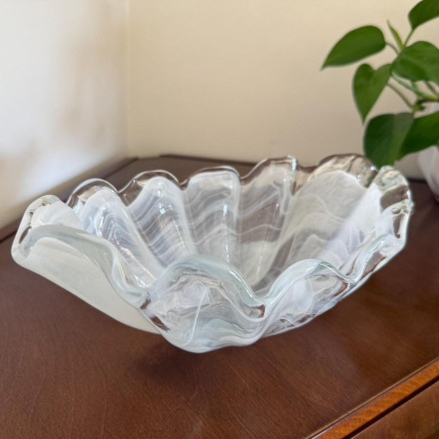 Murano Art Glass Bowl | Italian Hand Blown White Swirl | Vintage Decorative Centerpiece