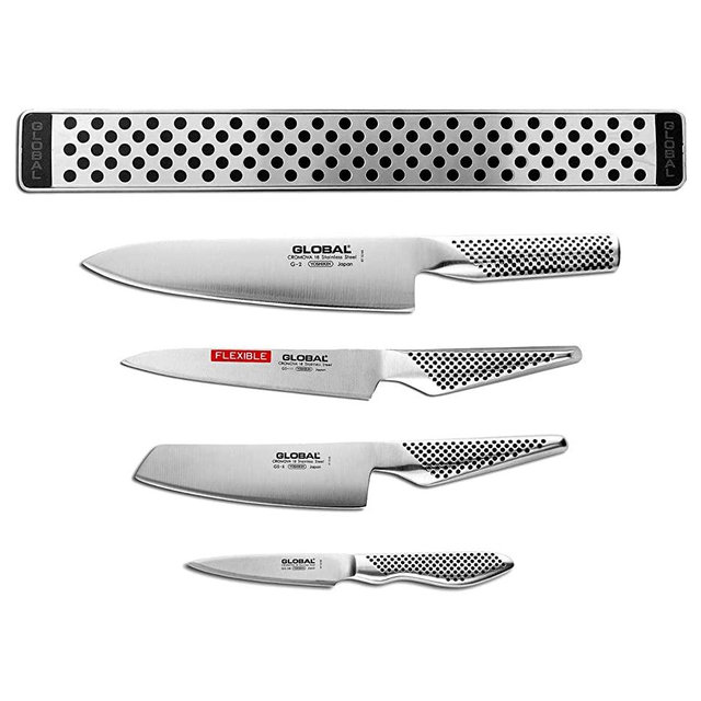 Global 5-PC G-42 Magnetic Knife Bar Set with Chef`s Knife, Vegetable Knife, Utility Knife, Paring Knife - Stainless Steel (I00048)