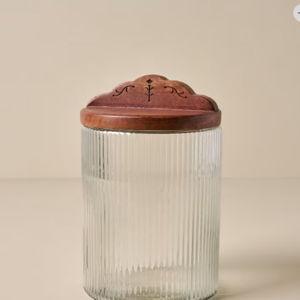 Small Antiqued Wood Ribbed Glass Canister