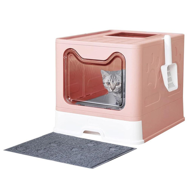 Medario Cat Litter Box with Litter Mat and Scoop, Large Foldable Litter Box with Lid, Front Entry Top Exit Kitty Litter Box, Odor Control Easy Clean (Pink)