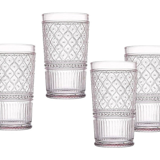 Godinger Highball Drinking Glasses, Tall Glass Cups, Vintage Decor, Water Glasses, Cocktail Glasses - Claro Collection, Large 17oz, Pink, Set of 4