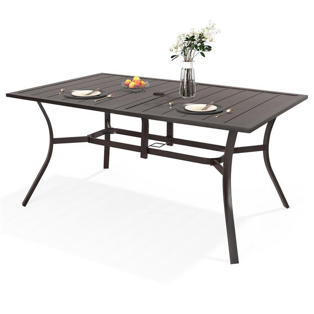 ADREAK Outdoor Metal Steel Rectangle Patio Dining Table, 6 Person Patio Table with Adjustable Umbrella Hole, Weather-Resistant for Garden Backyard Porch, Dark Brown
