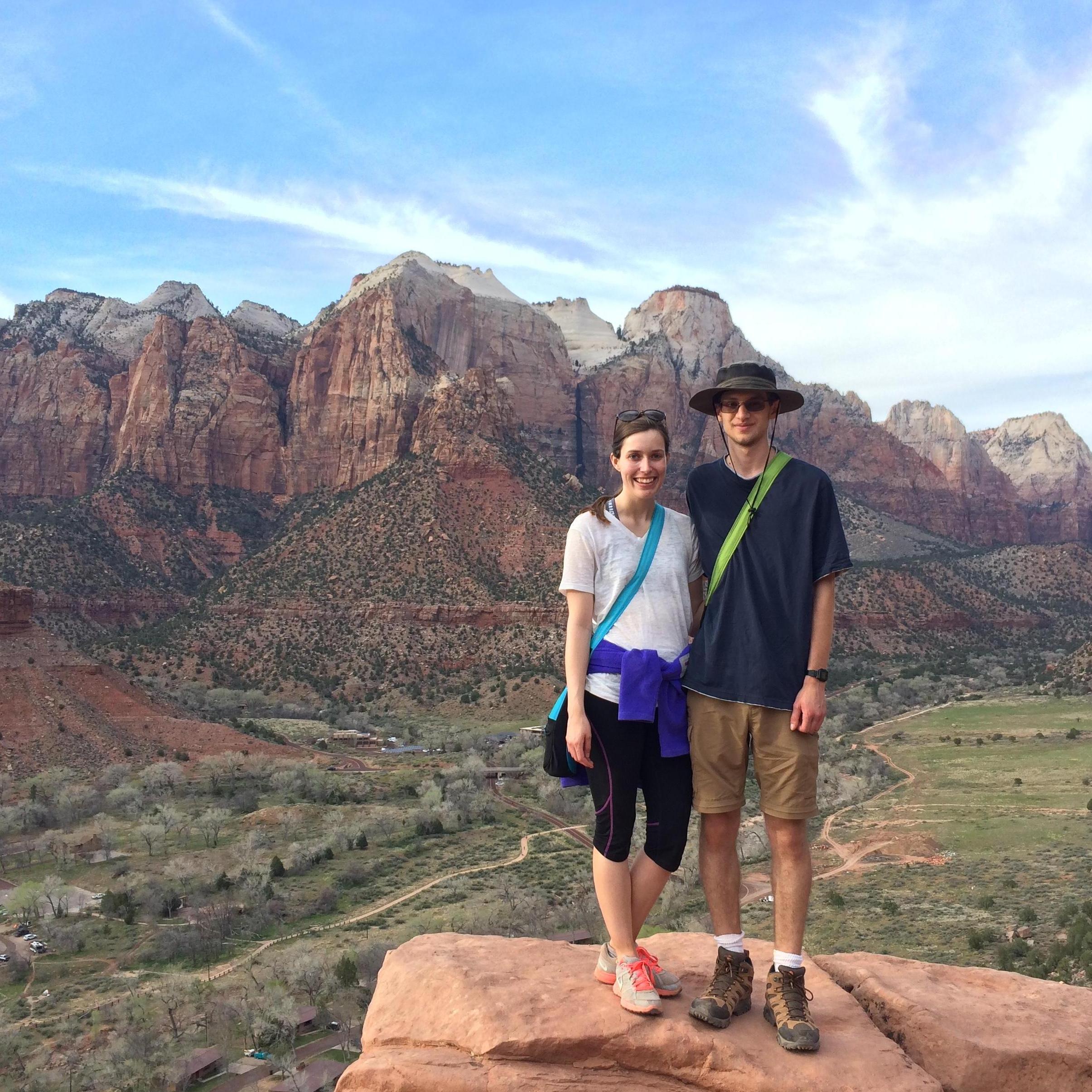 Hiking to the top of Zion canyon, in our first solo trip as a couple.