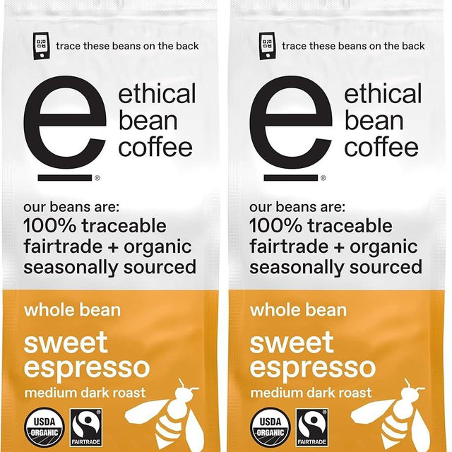 Ethical Bean Fairtrade Organic Coffee, Whole Bean Espresso Coffee (12 Oz Bag), Sweet Espresso Medium Dark Roast, 0.75 Lb (Pack of 2)