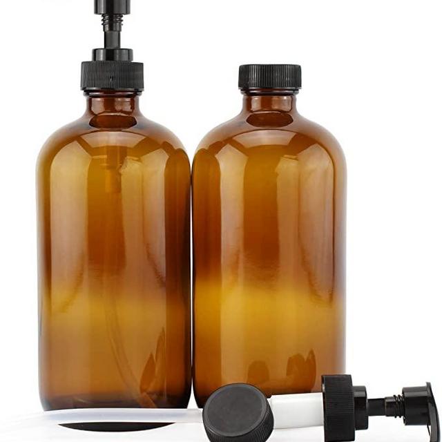 16-Ounce Amber Glass Bottles w/ Pump Dispensers (2-Pack); Refillable Lotion Liquid Soap Pump Brown Bottles + Chalk Labels & Lids, BPA-Free Plastic Tops; Also for Hand Care