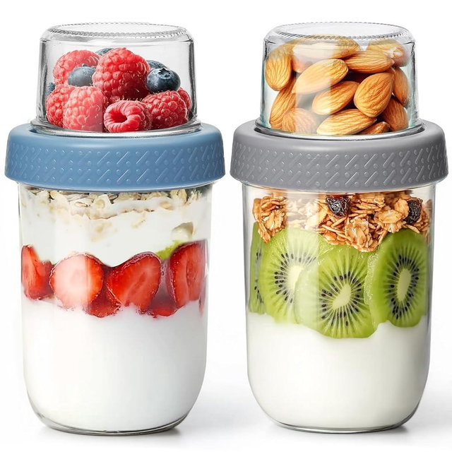 KTMAMA 2 Pack 16 OZ Overnight Oats Containers with Lids, Dual-Layer Glass Meal Prep with Dry and Wet Separation, Airtight Food Jars for Oatmeal Yogurt Parfait Cups Cereal Nut Fruit