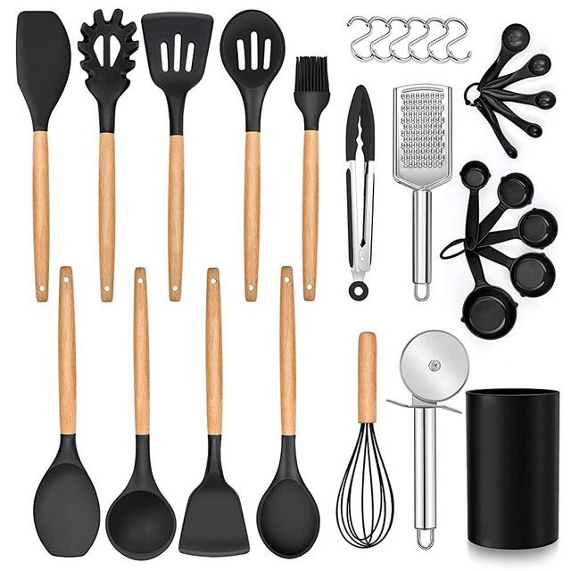 LIANYU 30 pcs Silicone Cooking Utensils Set with Holder, Heat Resistant Wooden Handle Kitchen Utensils Set, Kitchen Gadgets Tools Including Tuner, Spatula, Spoon, Ladle, Black