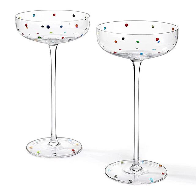 Polka Dot Champagne Coupe Glasses Set of 2 8.8 oz by The Wine Savant - Polka Dot Rainbow Colored Glasses, Cocktail Glassware, Polka Dot Gifts Damien Hirst, Gift Idea For Everyday, Weddings, Parties