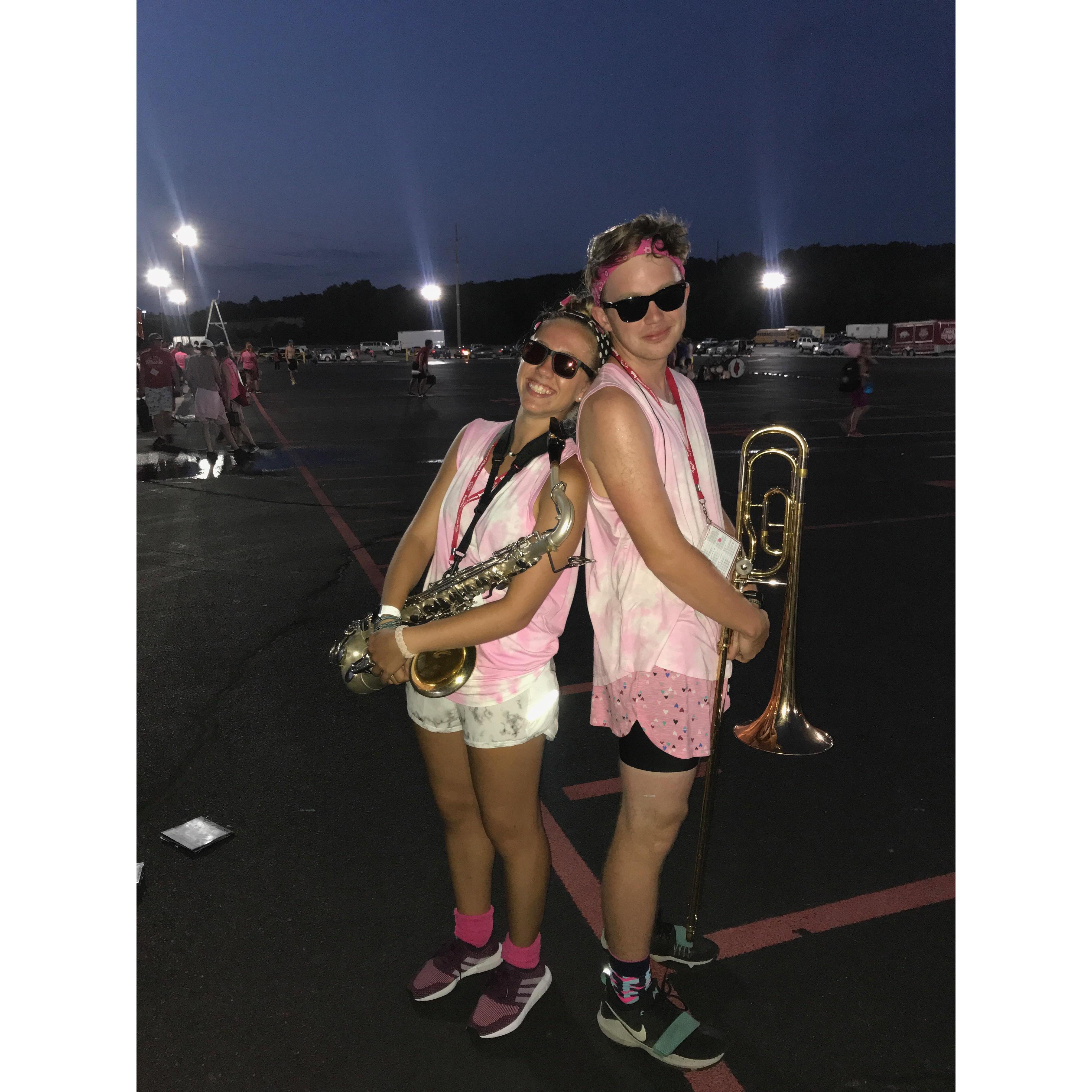 Our first marching season together, Fall 2018. Of course we had to team up for pink day at rehearsal!