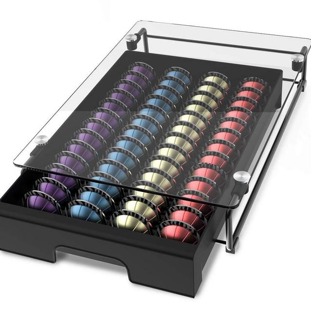 EVERIE Crystal Tempered Glass Top Organizer Drawer Holder Compatible with Nespresso Vertuo Capsules, Compatible with 40 Big or 52 Small Vertuoline Pods, 12'' Wide by 16.5'' Deep by 3.5'' High