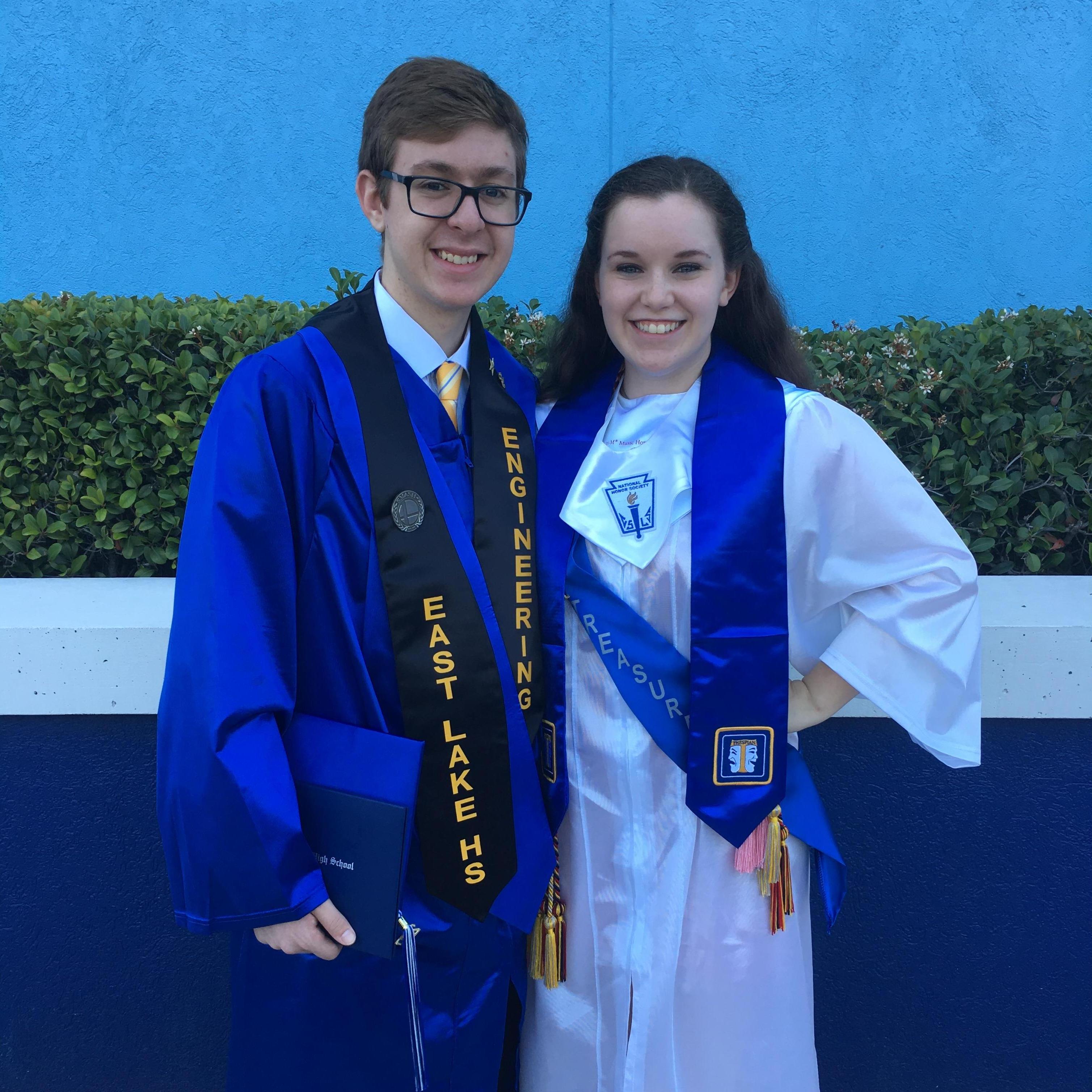 Here is our high school graduation photo! Both of us were well decorated with our school clubs and honor societies.