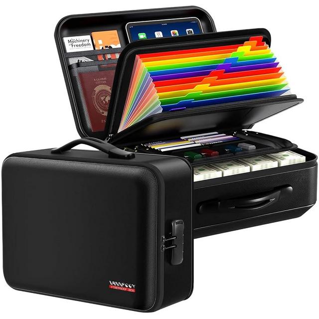 Fireproof Document Box with Lock - 5200°F Fire Proof Safe for Home Documents, Hard-Shell Fireproof & Waterproof Safe Box for Important Files Stocking Stuffs for Women or Men Christmas Gifts (Black)