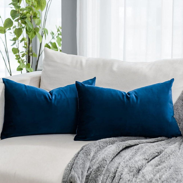 QUAFOO Navy Blue Decorative Lumbar Velvet Throw Pillow Covers 12x20 inch Set of 2 with Zipper Luxury Soft Solid Rectangle Cushion Covers Case for Sofa Couch Bed Living Room