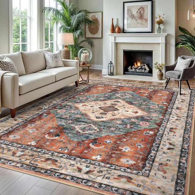 KOZYFLY Boho Area Rug 8x10 Ft Thin Rugs for Living Room Washable Bedroom Rug Non Slip Rugs for Living Room Rust/Orange/Blue Printed Faux Wool Vintage Bedroom Rug Floor Carpet for Dining Room