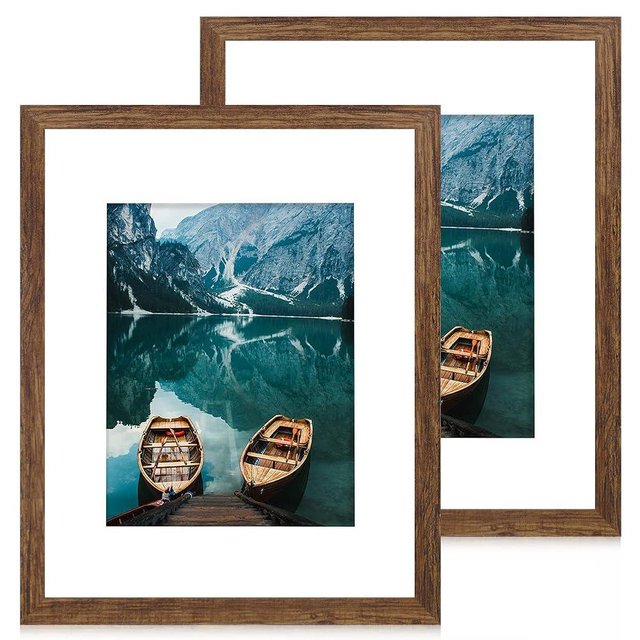 Hongkee 16x20 Frames Set of 2, Rustic Brown Wood Style - Display 16 x 20 Picture without Mat or 11x14 Picture with Mat, Wall Mounting Horizontal and Vertical