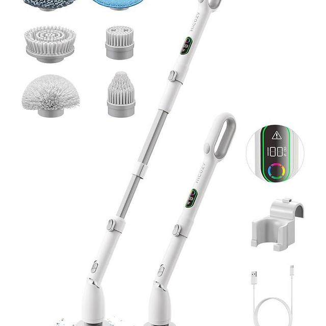 HiCOZY Electric Spin Scrubber HS1 Pro, Bathroom Shower Scrubber with 6 Replaceable Brush Heads Adjustable Extension Handle Angle, Upgraded Power Cleaning Brush for Floor, Tile, Kitchen White