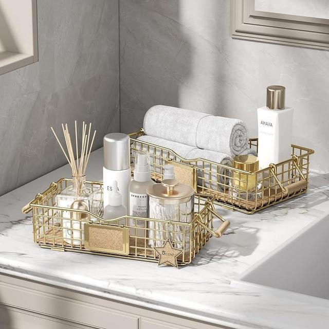 Qcold Metal Wire Basket Storage, Bathroom Basket for Organizing, Bathroom Counter Organizer with Wooden Handles, Farmhouse Bathroom Decor Tray, Toilet Paper Basket Storage (Set of 2, Golden)