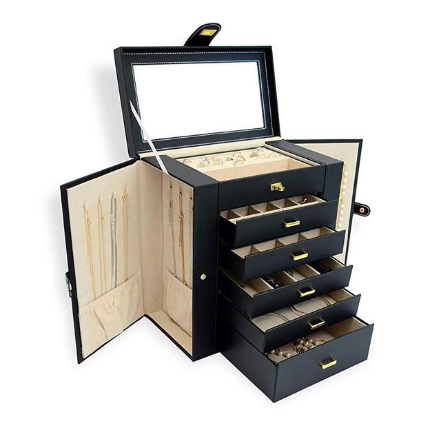 AKOZLIN Large Jewelry Box Organizer Functional Huge Lockable, Leather Jewelry Storage Case for Women Girls Ring Necklace Earring Bracelet Holder Organizer with Mirror