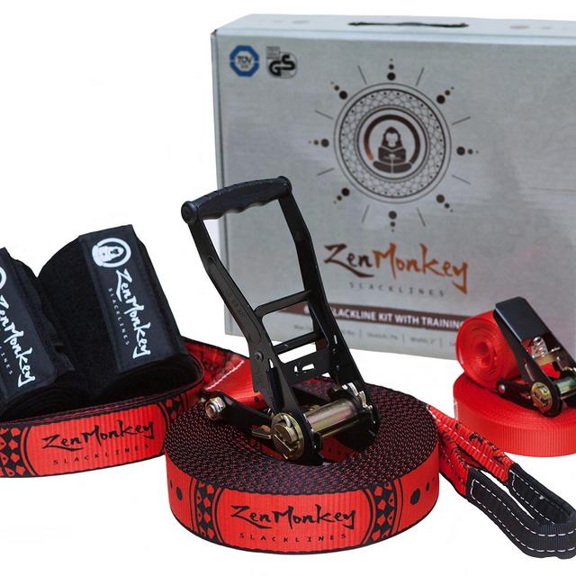 ZenMonkey 60 Foot Slackline Kit - Pro-grade Twin-gear Ratchet / Training Line / Heavy-duty Tree Protectors