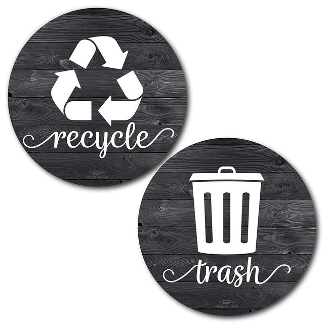 Rustic Trash and Recycle Magnets, 3.5" Farmhouse Recycle Magnet for Trash Can, Magnetic Recycling Stickers for Kitchen Garbage Can & Recycling Bins, with 4 Adhesive Stickers, Made in USA, Black Wood