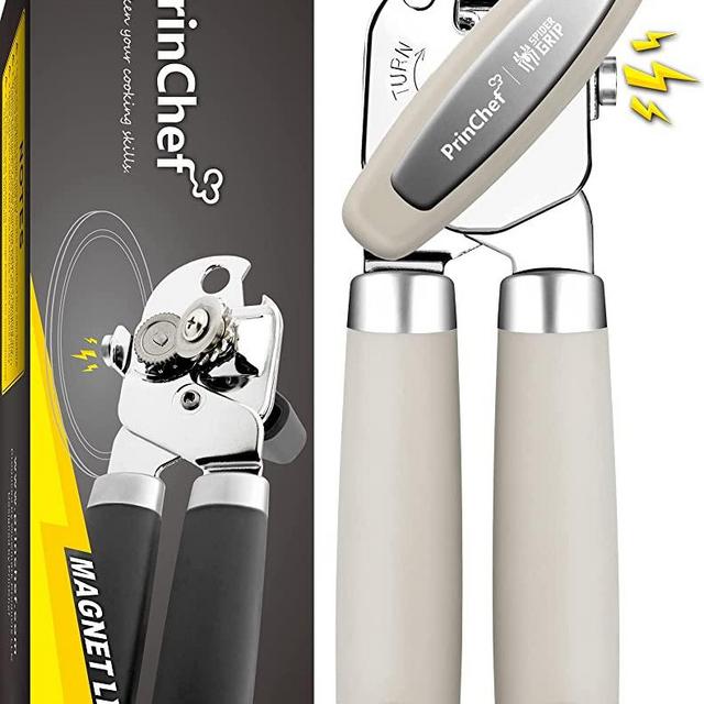 PrinChef Can Opener Manual, Can Tin Bottle Opener with Magnet - No-Trouble-Lid-Lift, Handheld Can Opener Smooth Edge with Sharp Blade, Heavy Duty and Easy to Use, for Seniors with Arthritis, White