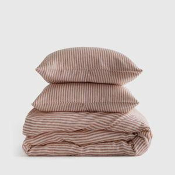 European Linen Stripe Duvet Cover Set | Quince in Terracotta/White Stripe