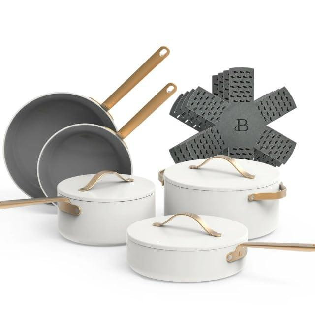 Beautiful 12pc Ceramic Non-Stick Cookware Set, Free from Forever Chemicals, Ceramic Non-Stick & non-toxic, Oven safe up to 500°F by Drew Barrymore (White Icing)