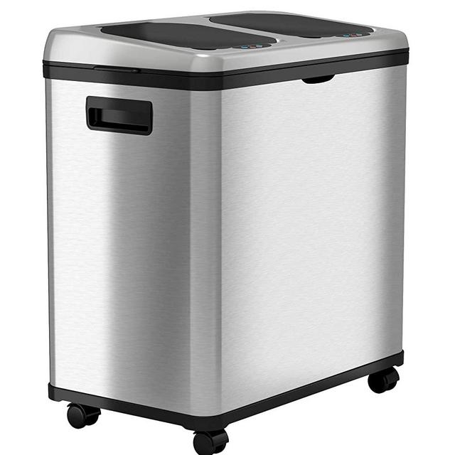 iTouchless 16 Gallon Touchless Sensor Trash Can/ Recycle Bin with Wheels, 60 Liter Stainless Steel Dual-Compartment (2 x 8 Gallon) Kitchen Recycling and Garbage Trashcan