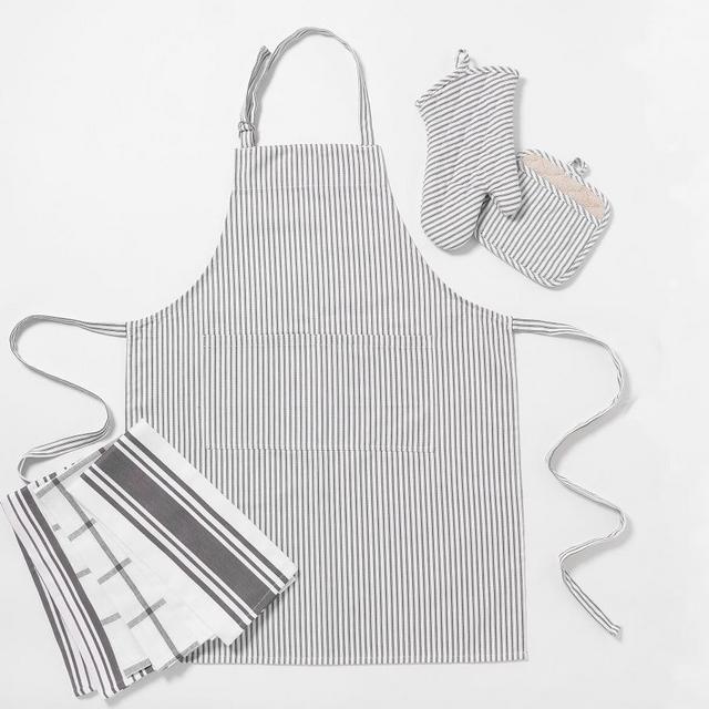 Kitchen Essentials Set - Apron, Tea Towel, Oven Mitt, & Potholder - Gray Stripe