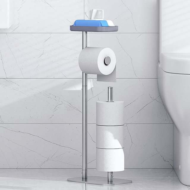 Kitsure Toilet Paper Holder Free Standing – Rustproof Metal Toilet Paper Stand for 4 Rolls with Anti-Slip Base and Shelf for Phone & Small Items, Bathroom Organizers and Storage, Silver